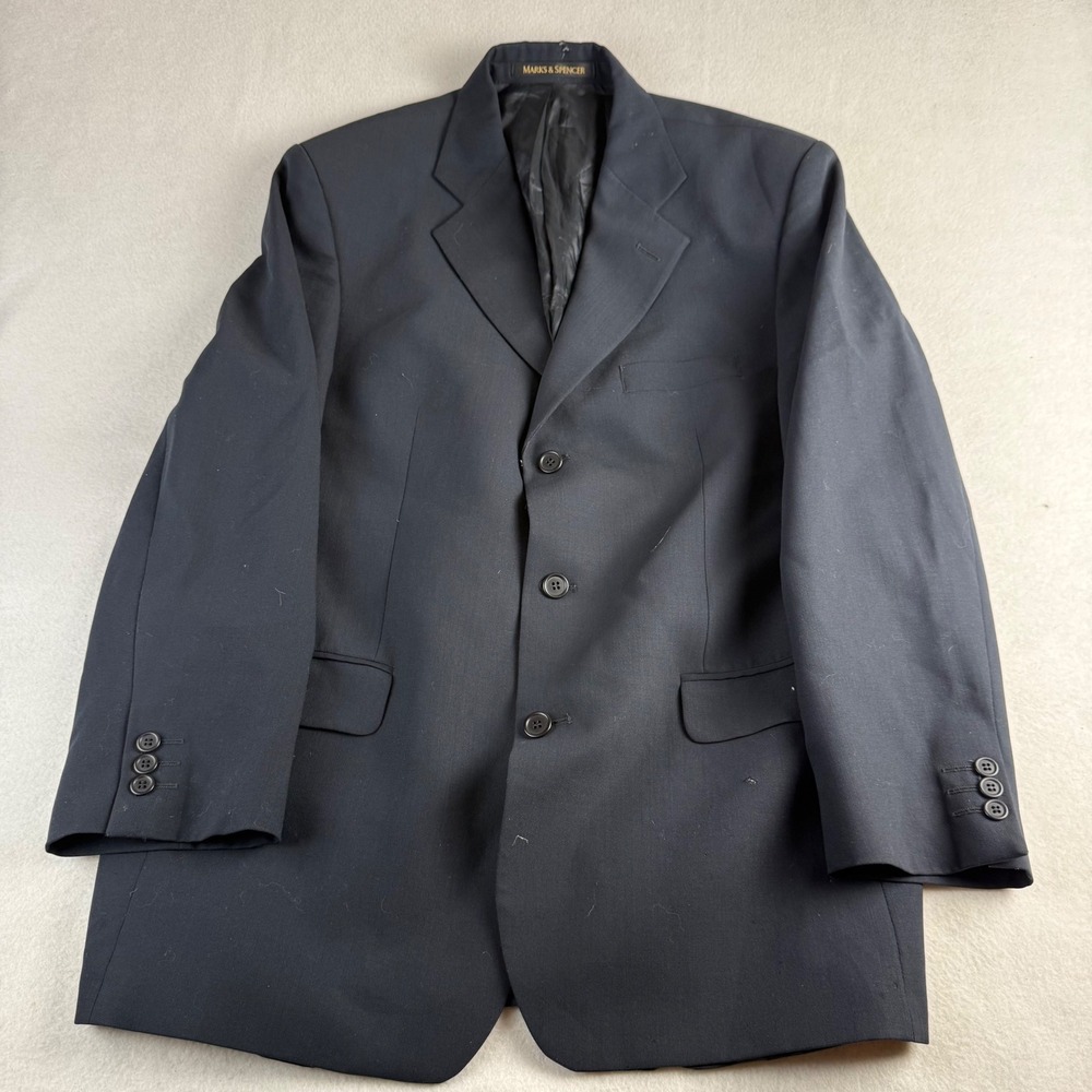 Marks & Spencer St Michael Mens Navy Blue Pure New Wool 3-Button Blazer Coat